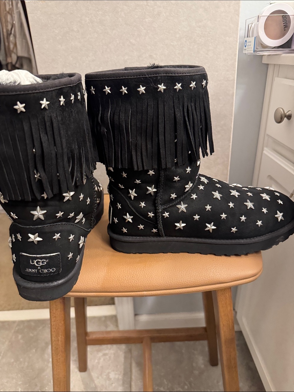 Jimmy Choo Black Suede Fringe Boots with Silver Star Studs - Picture 5 of 7